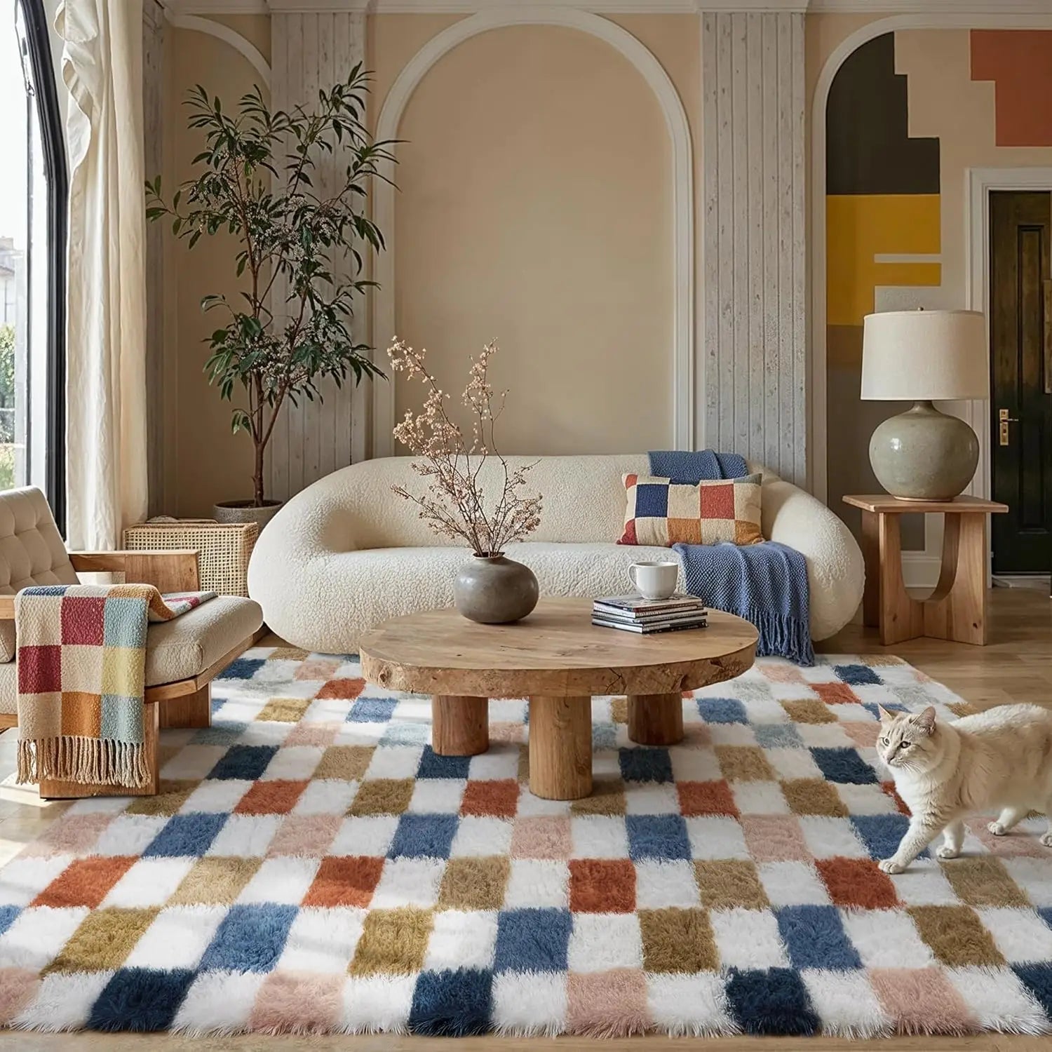 Rainbow Checkered Shag Rug Washable Non-Slip