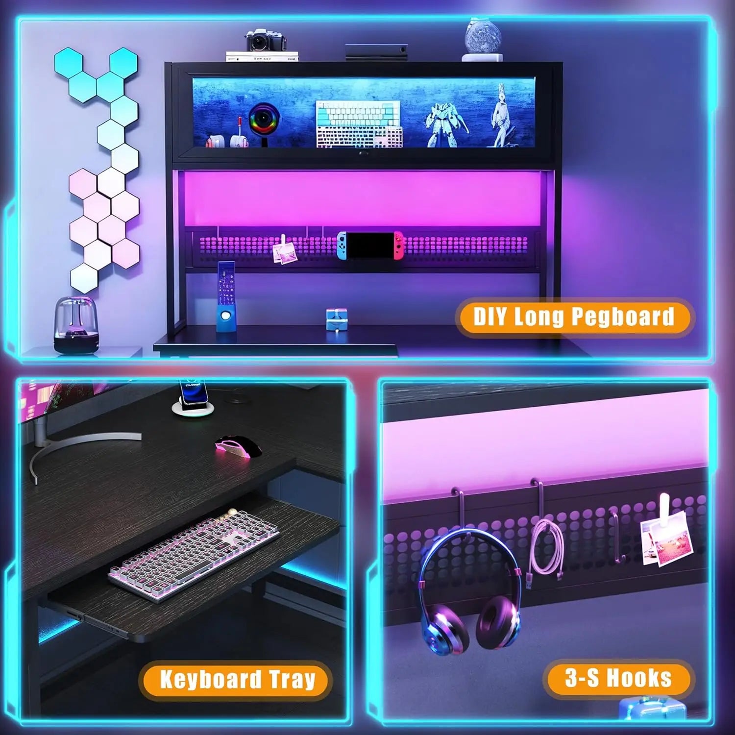 L Shaped Gaming Desk with Power Outlets & LED Lights
