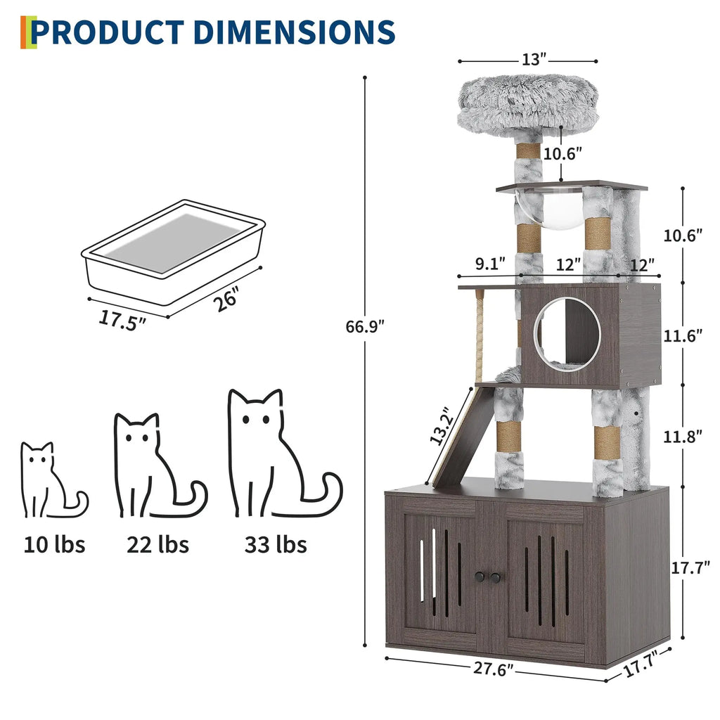 Multi-Level Cat Tree Tower with Enclosed Litter Box