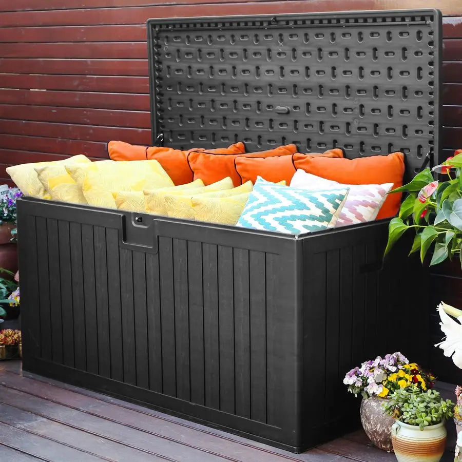 230 Gallon Large Deck Box with Divider and Side Handles, Outdoor Double Wall Storage