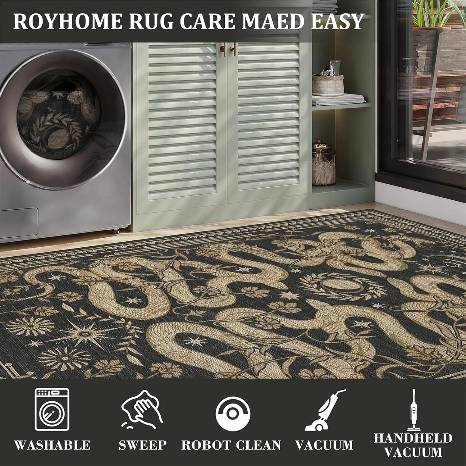 Washable Rug, Non-Slip Snake design