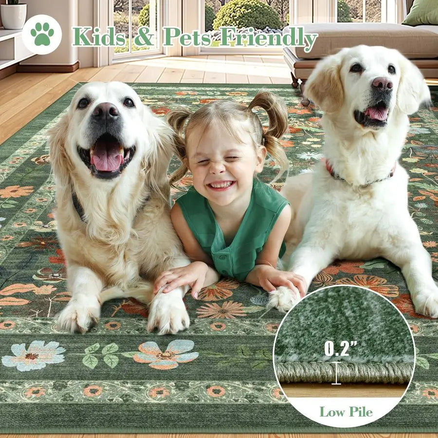 Vintage Boho green Floral Washable Nonslip Area Rug