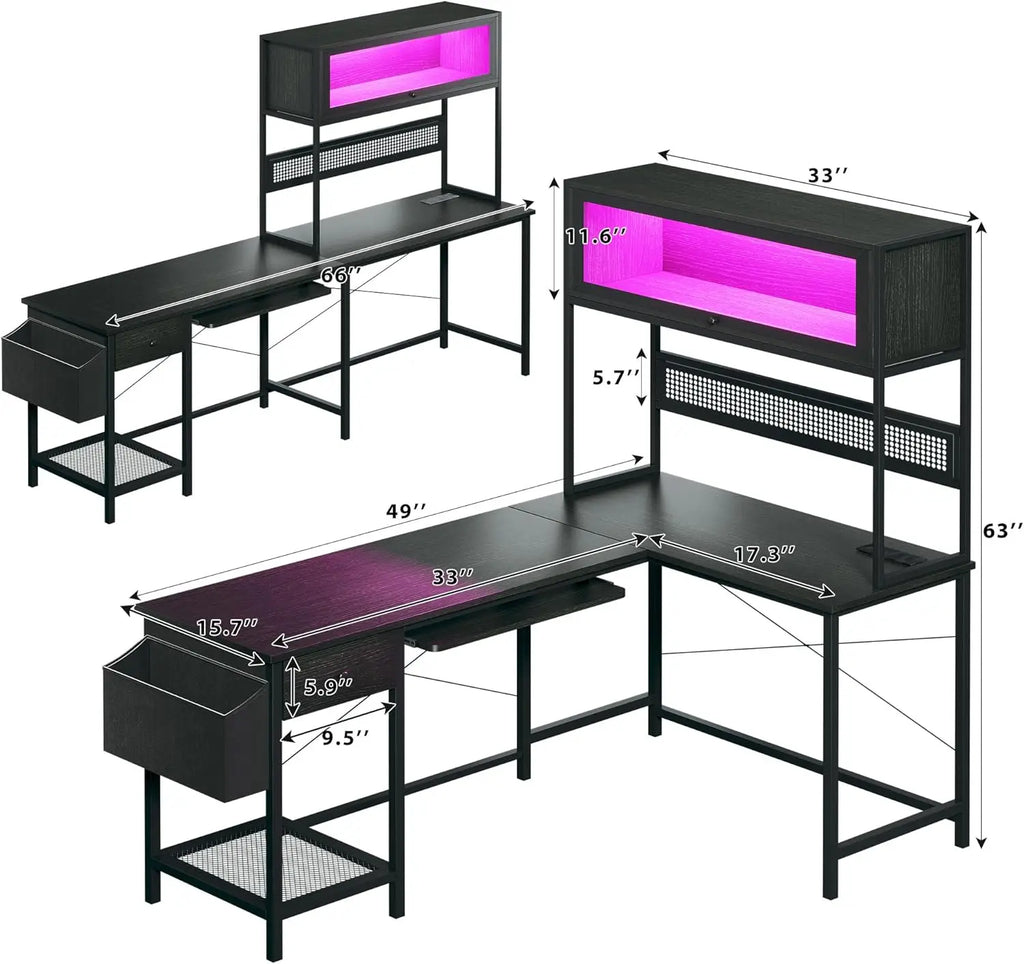 L Shaped Gaming Desk with Power Outlets & LED Lights