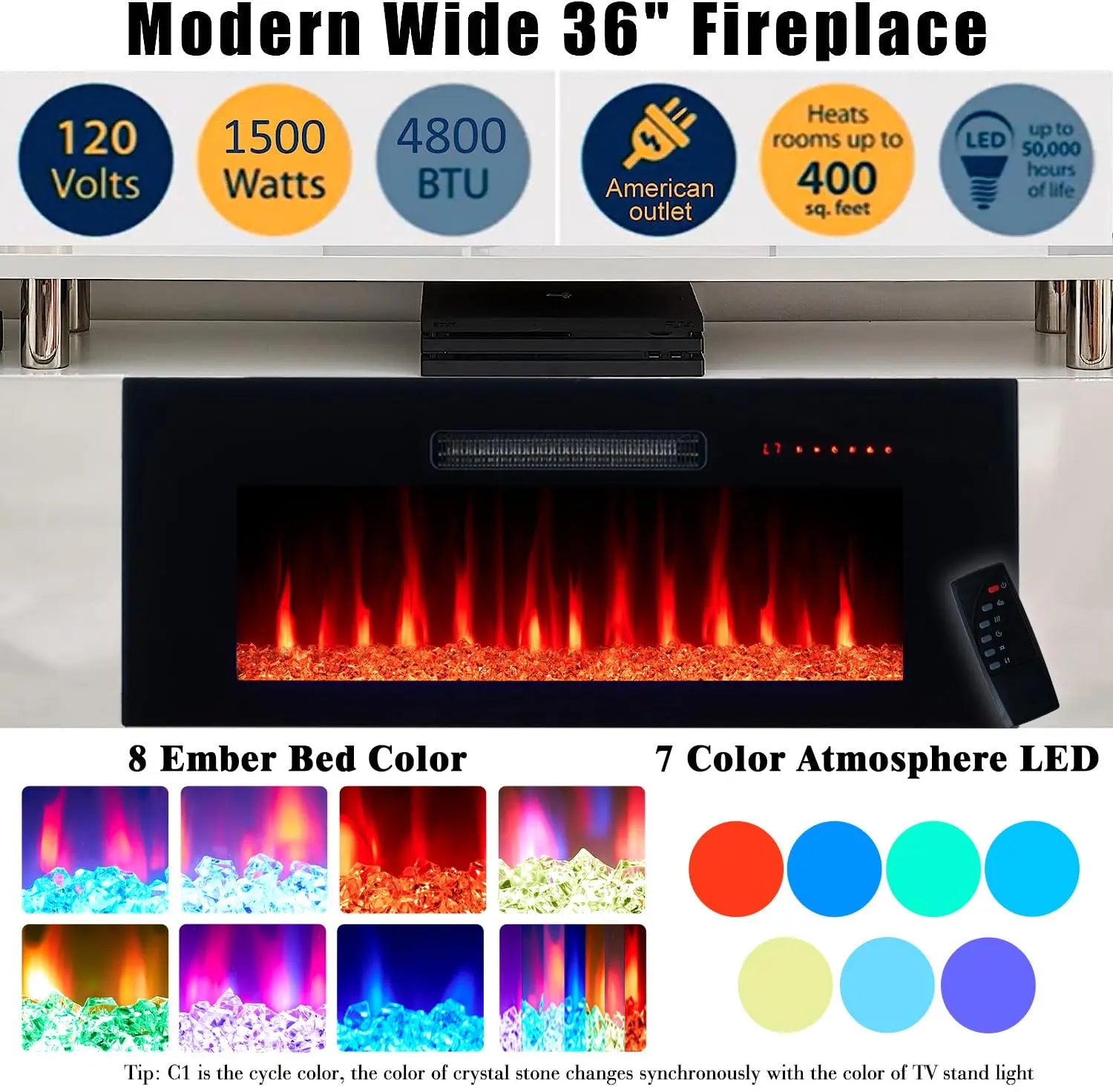 Fireplace TV Stand with 36" Fireplace, 70" Modern Fireplace Entertainment Center LED Lights, 2 Tier TV Console, Customized