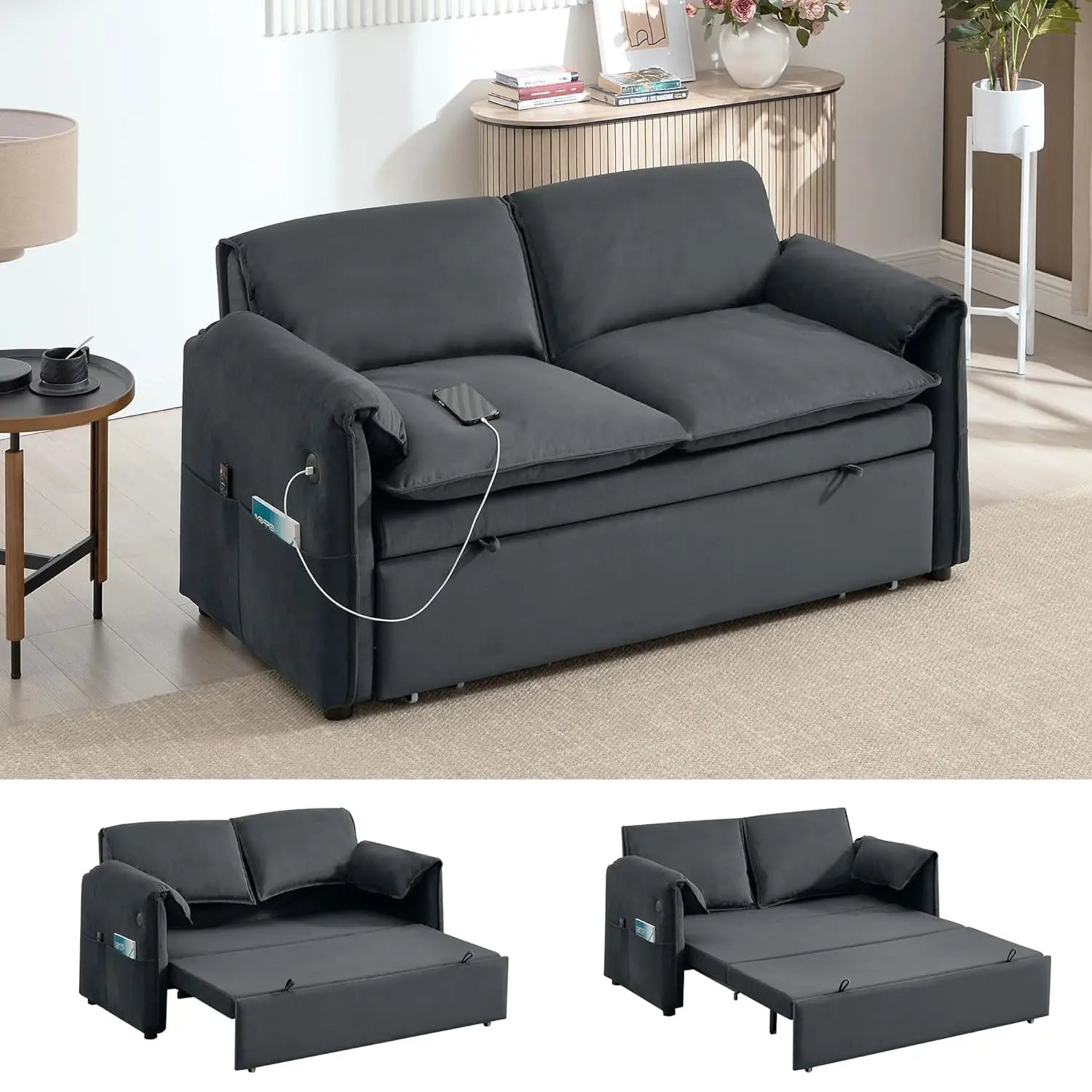 3 in 1 Convertible Sleeper Sofa Bed with Adjustable Backrest