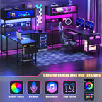L Shaped Gaming Desk with Power Outlets & LED Lights