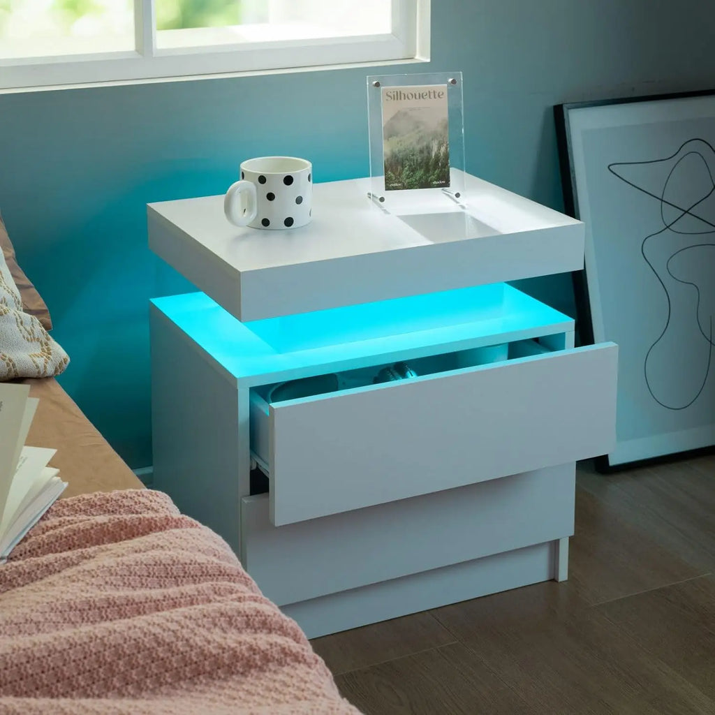 Set of 2 Nightstand with LED light, 2 Drawers