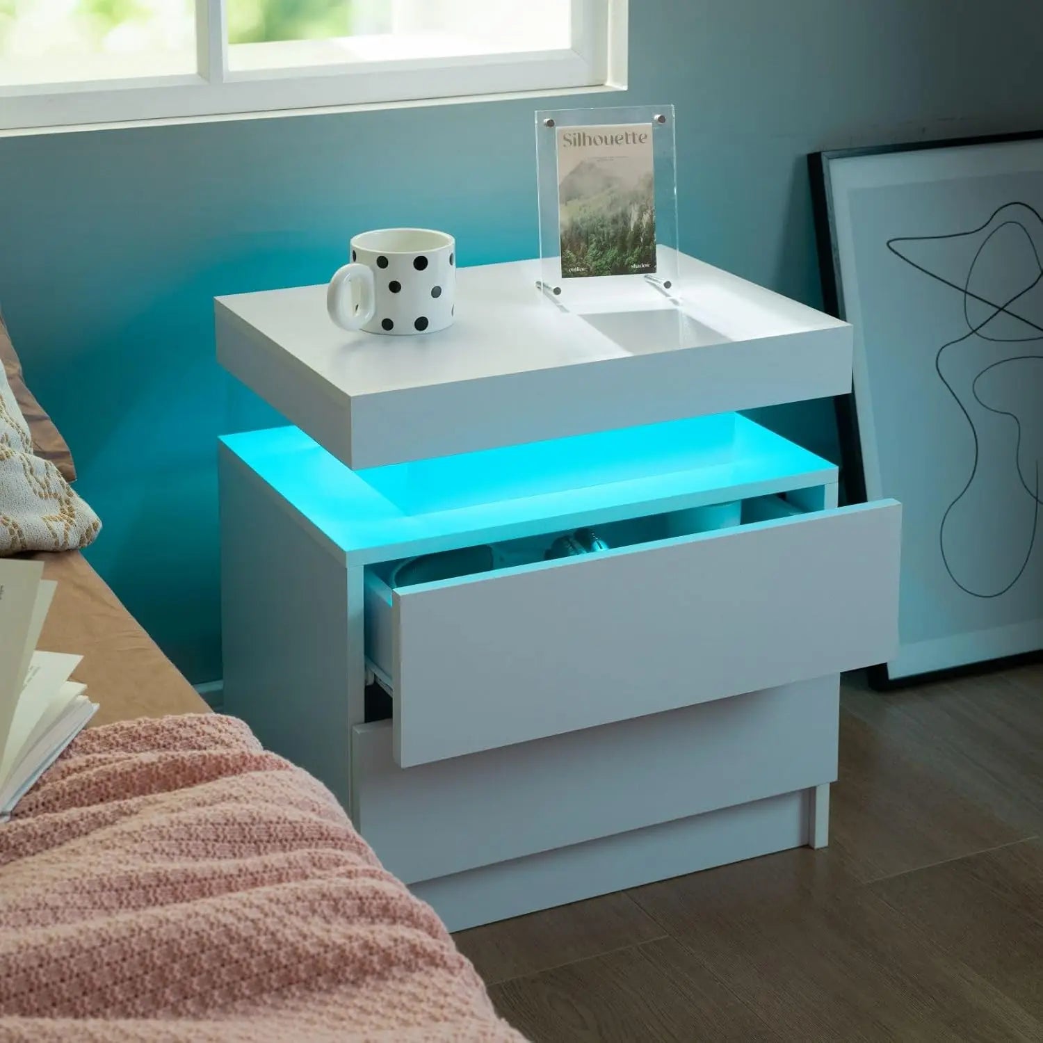 Set of 2 Nightstand with LED light, 2 Drawers