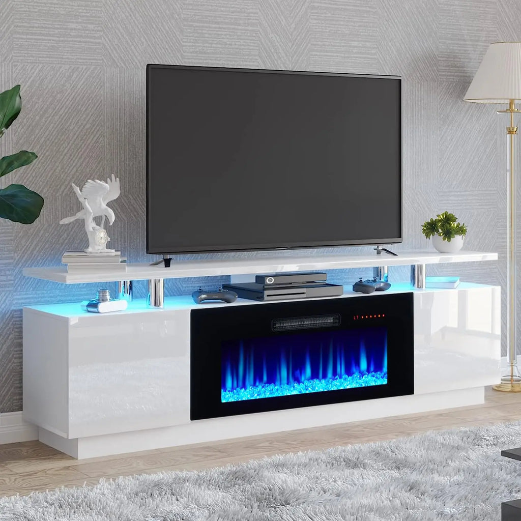 Fireplace TV Stand with 36" Fireplace, 70" Modern Fireplace Entertainment Center LED Lights, 2 Tier TV Console, Customized