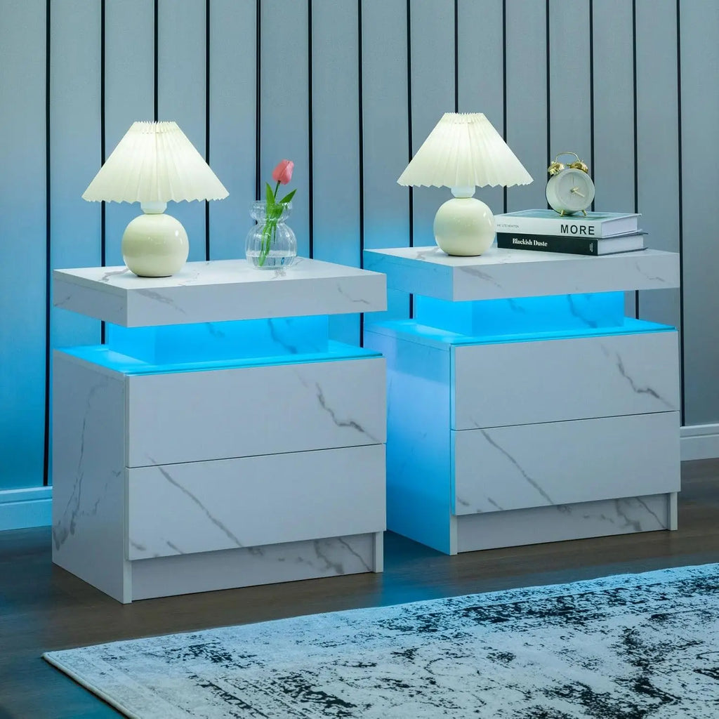 Set of 2 Nightstand with LED light, 2 Drawers