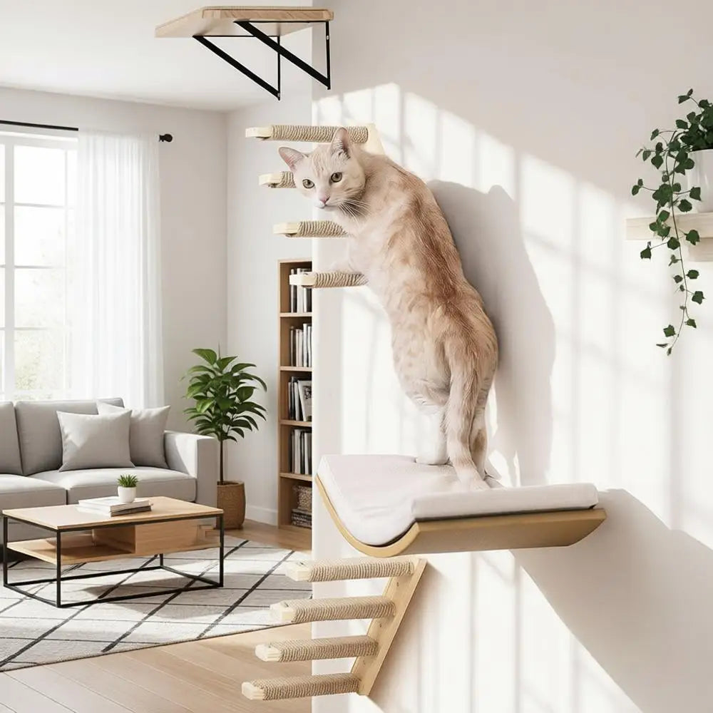 4-Piece Wooden Cat Climbing Furniture Set wall mounting