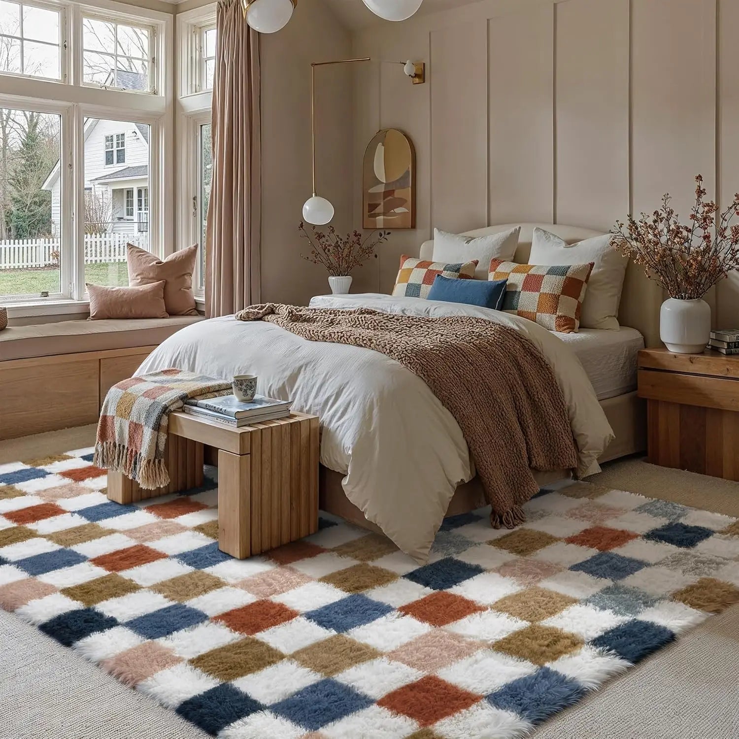 Rainbow Checkered Shag Rug Washable Non-Slip