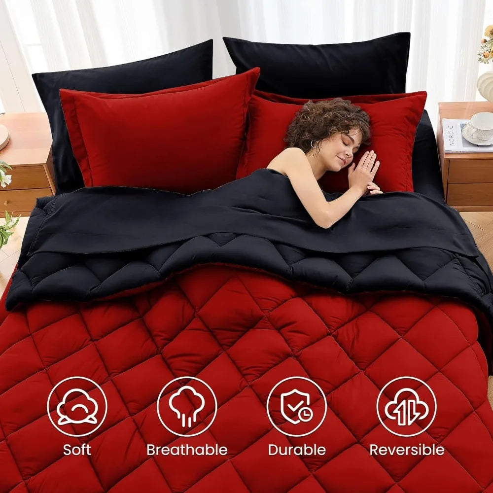 Queen Comforter Set, Red & Black