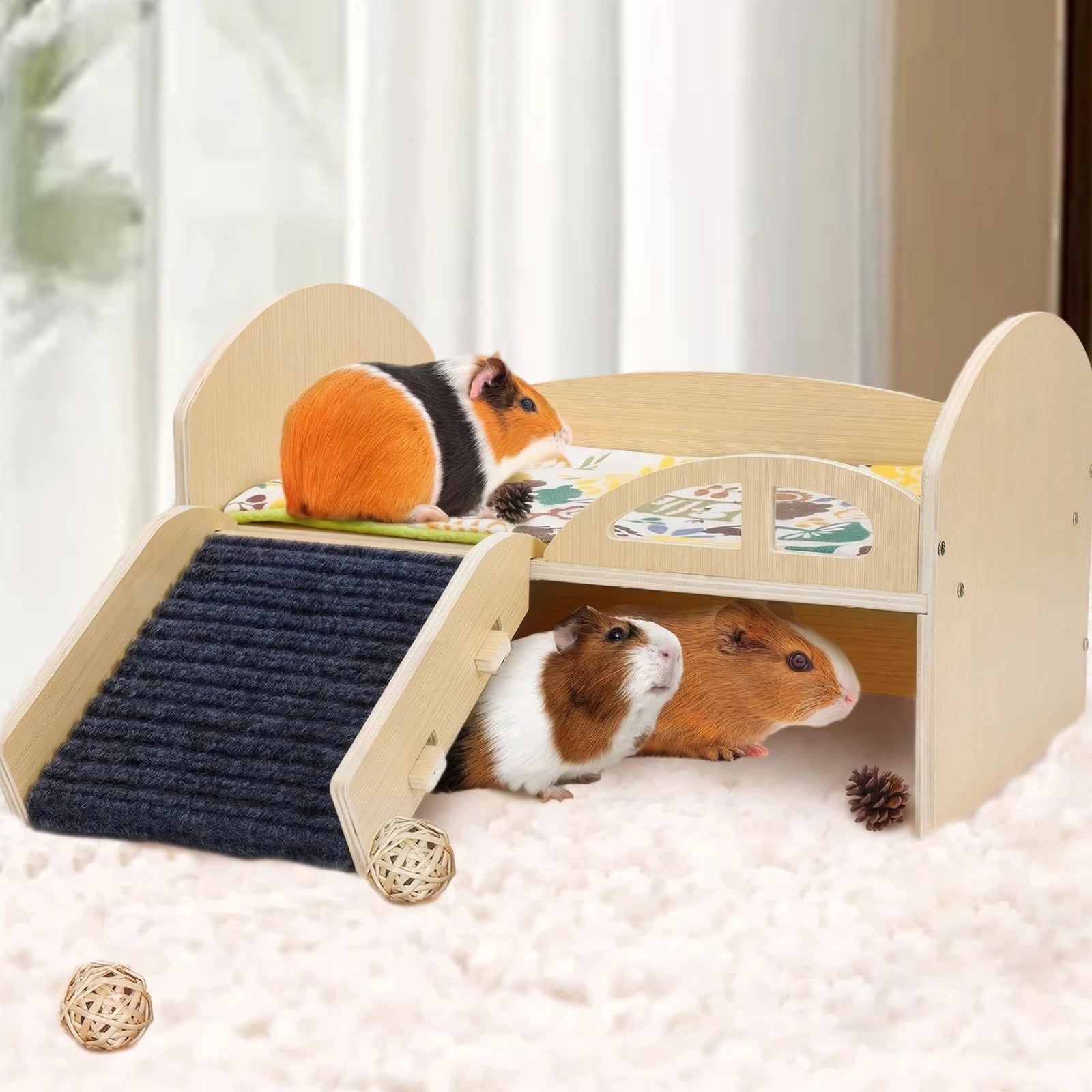 Bed with Stable Stairs & Mat Wear Resist Wood Pet Toy Bed