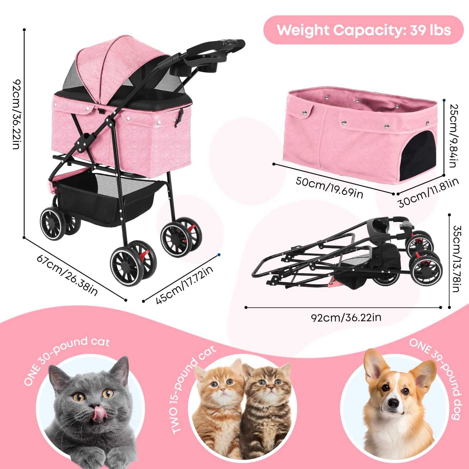 Pet Stroller For Small Puppy Dogs & Cats Travel