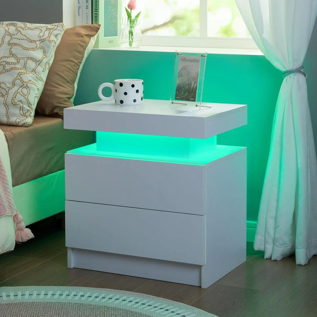 Set of 2 Nightstand with LED light, 2 Drawers