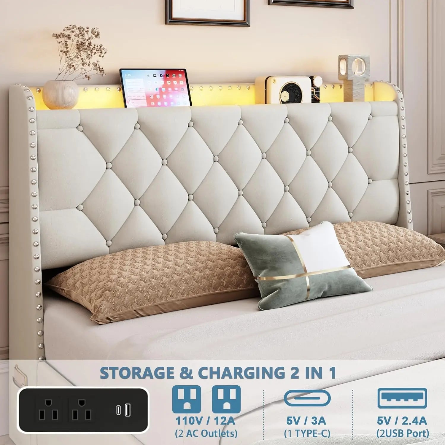 Queen Size Bed Frame with 4 Drawers & Storage Headboard